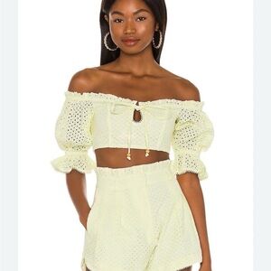 MAJORELLE Thalia Top Lemon Cream Yellow Crop Puff Sleeve Sz S